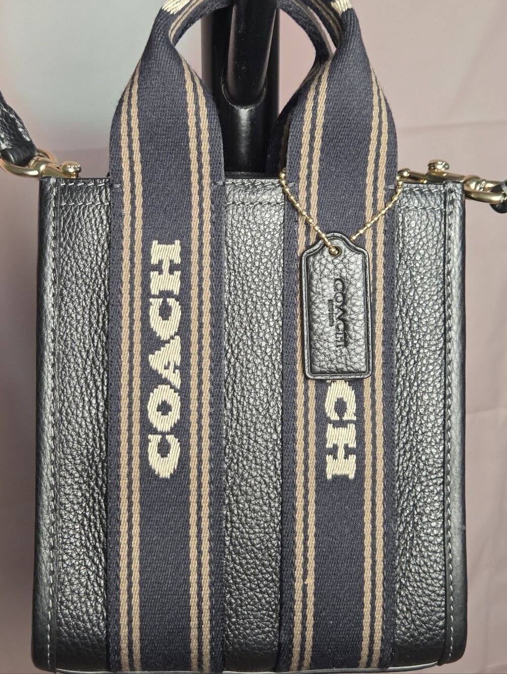 NWOT COACH MINI TOTE Black Pebbled Leather With Black & Tan Stripe w/Crossbody